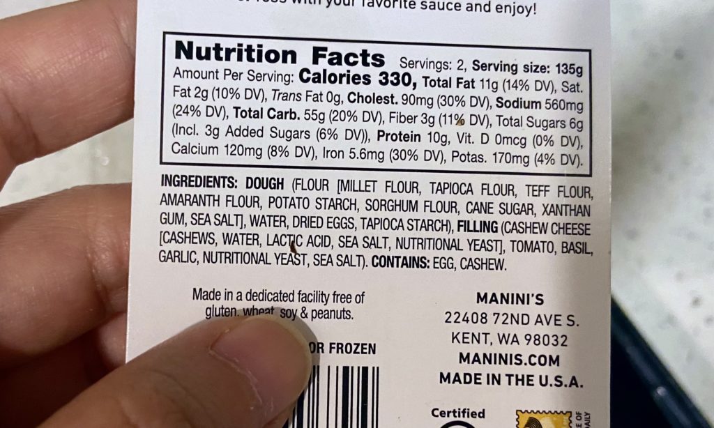 nutrition facts and ingredients list for the ravioli